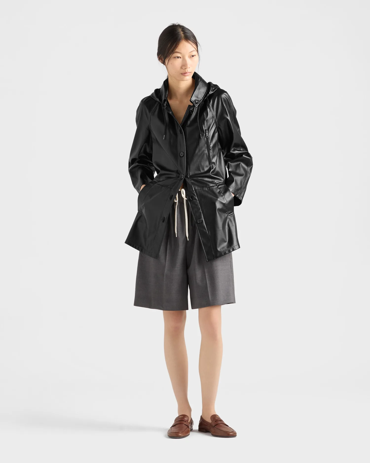 Куртка-кабан с капюшоном из наппы и ткани Prada, черный — фото 2