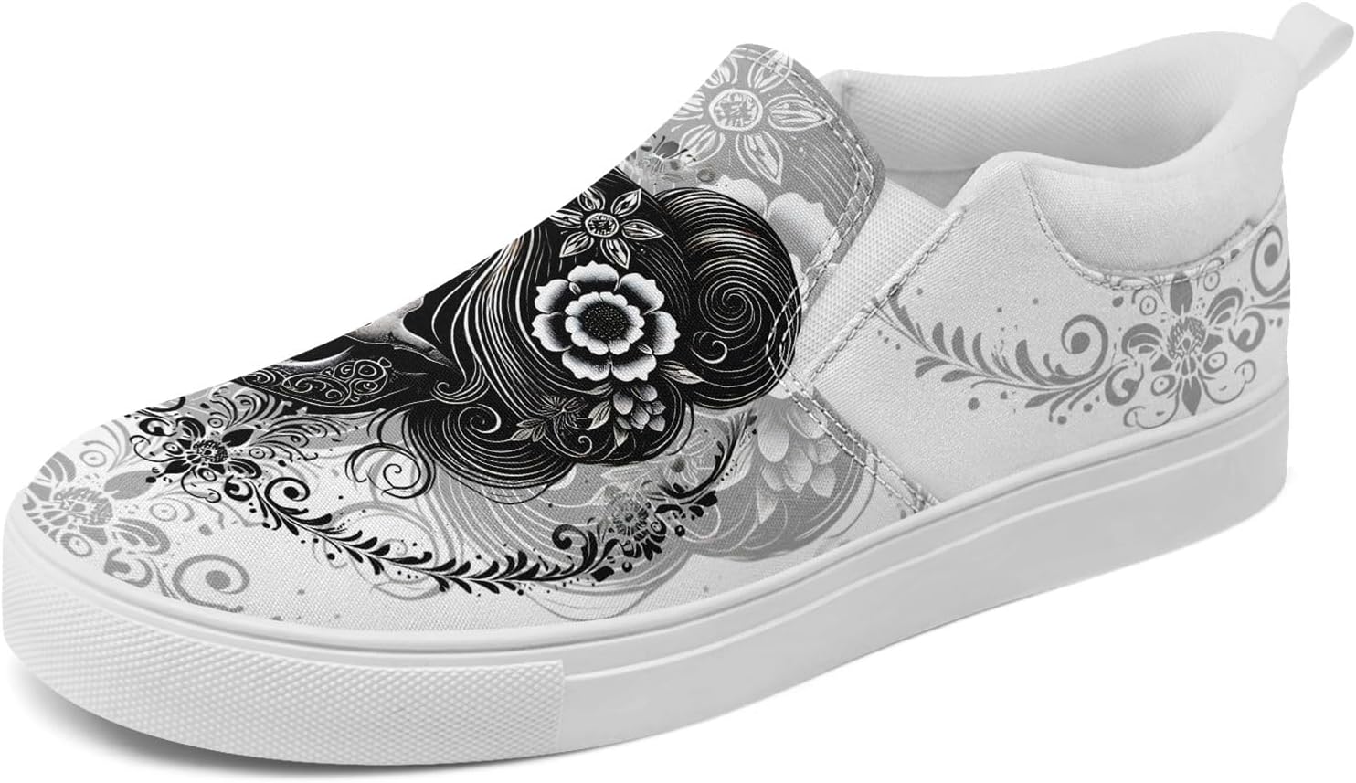 

Крутые настраиваемые низкие кеды из канвы в готическом стиле для мужчин и женщин с черепами и цветочным принтом, слипоны, легкие и удобные, уличная обувь Coolcustomize, белый/серый