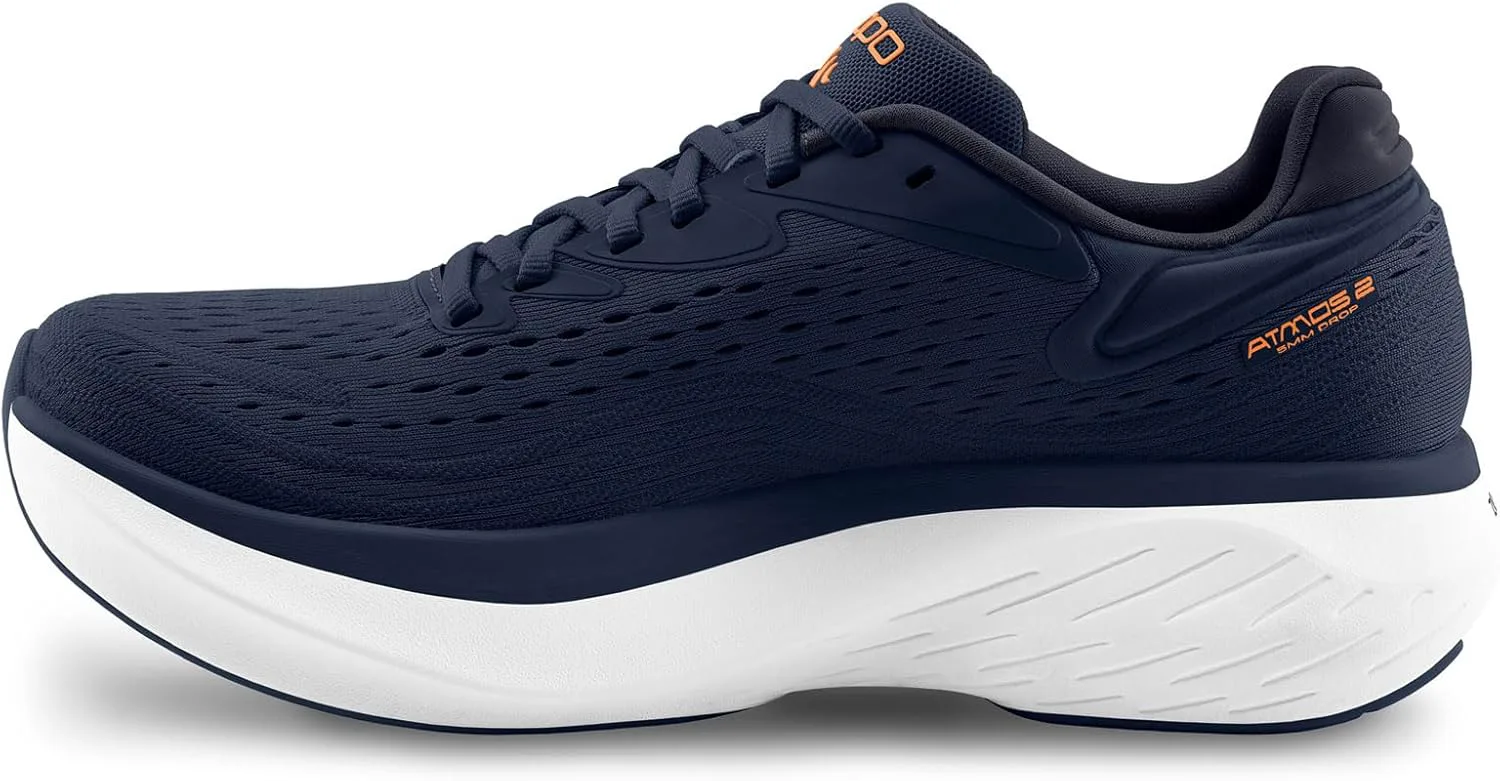 Мужские кроссовки Topo Athletic Atmos 2 с облегченной конструкцией и комфортным 5-мм перепадом для бега по шоссе, спортивная обувь для бега по дороге, темно-синий/оранжевый — фото 4
