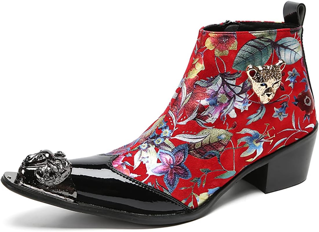 

Мужские ботинки челси Santimon для вечеринок, повседневной носки, кожаные, с металлическим носком, ковбойские сапоги для мужчин, модные, с цветочным рисунком и головой льва, ручная работа, в стиле вестерн, красный