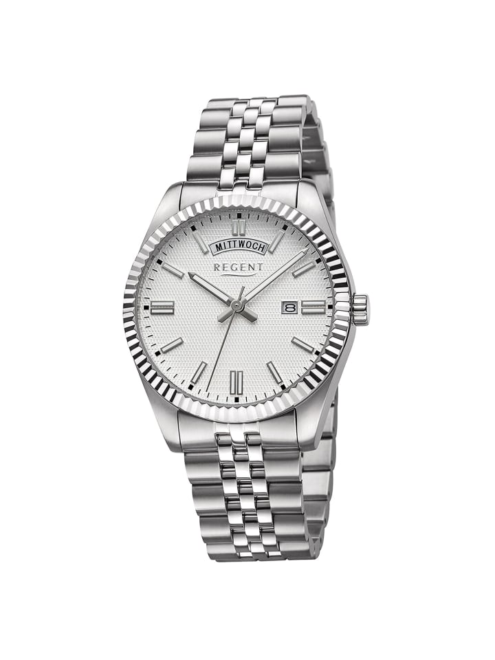 

Крупные серебристые аналоговые наручные часы (около 40 мм) с металлическим браслетом Regent