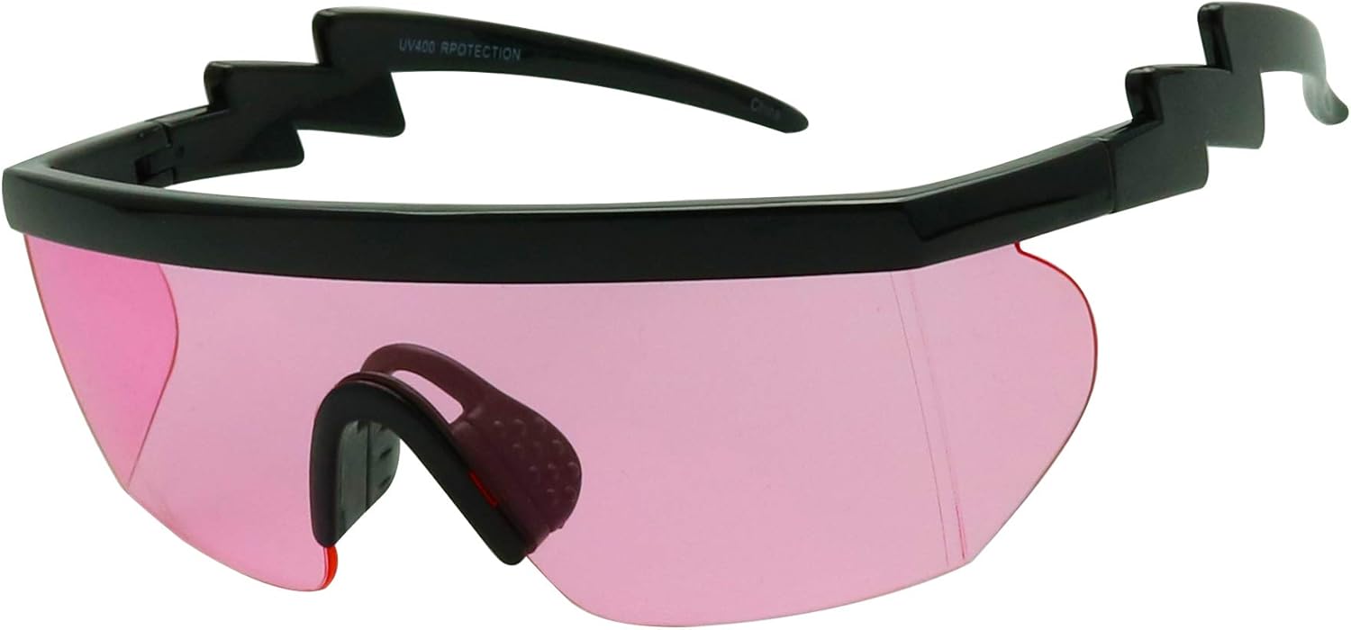 

Солнцезащитные очки ShadyVEU с полуободковой оправой в стиле 80-х, неоновые, яркие, прозрачные, радужные, с изогнутыми дужками в виде зигзага и болтов, в стиле ретро, Black Frame W/ Pink Lens