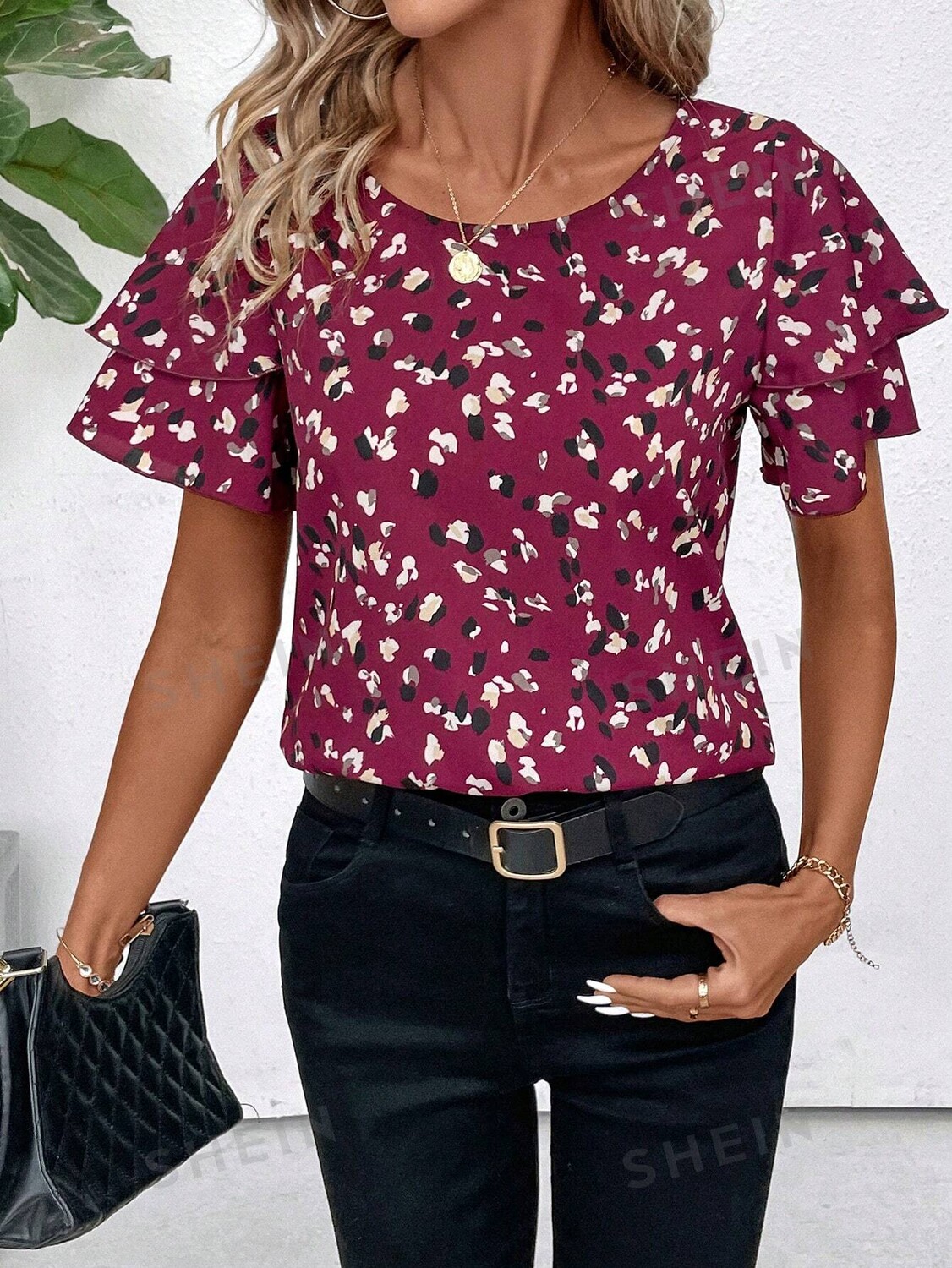 

Рубашка Shein Clasi с двухслойными рукавами, красный / фиолетовый