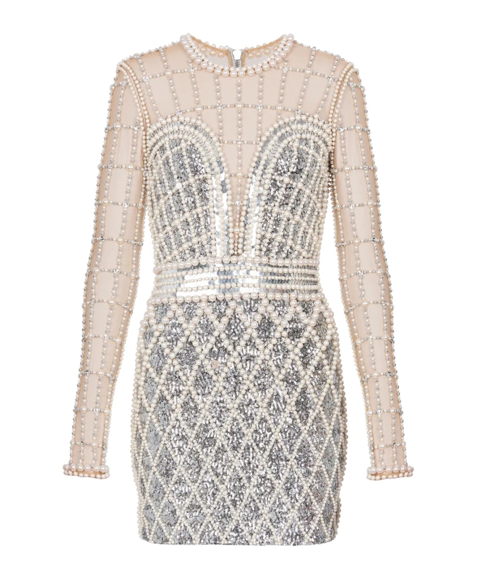 

Короткое платье с бисером Balmain, серый