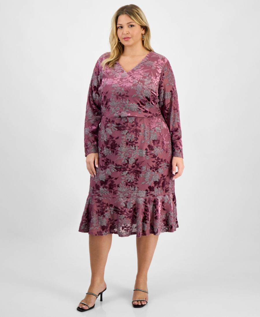 

Платье большого размера с V-образным вырезом и длинными рукавами London Times, Mauve.silver