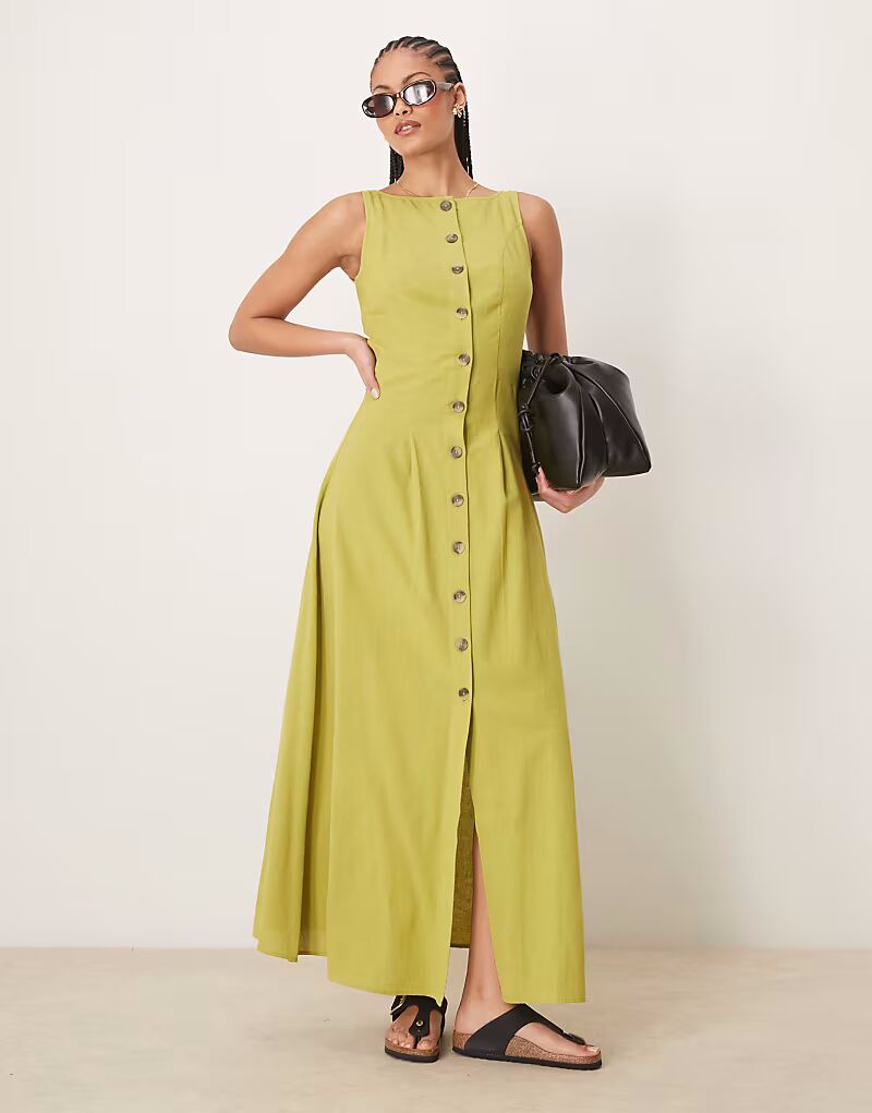 

ASOS DESIGN Длинное платье-жилет на пуговицах с вырезом-лодочкой зеленого цвета ASOS Tall