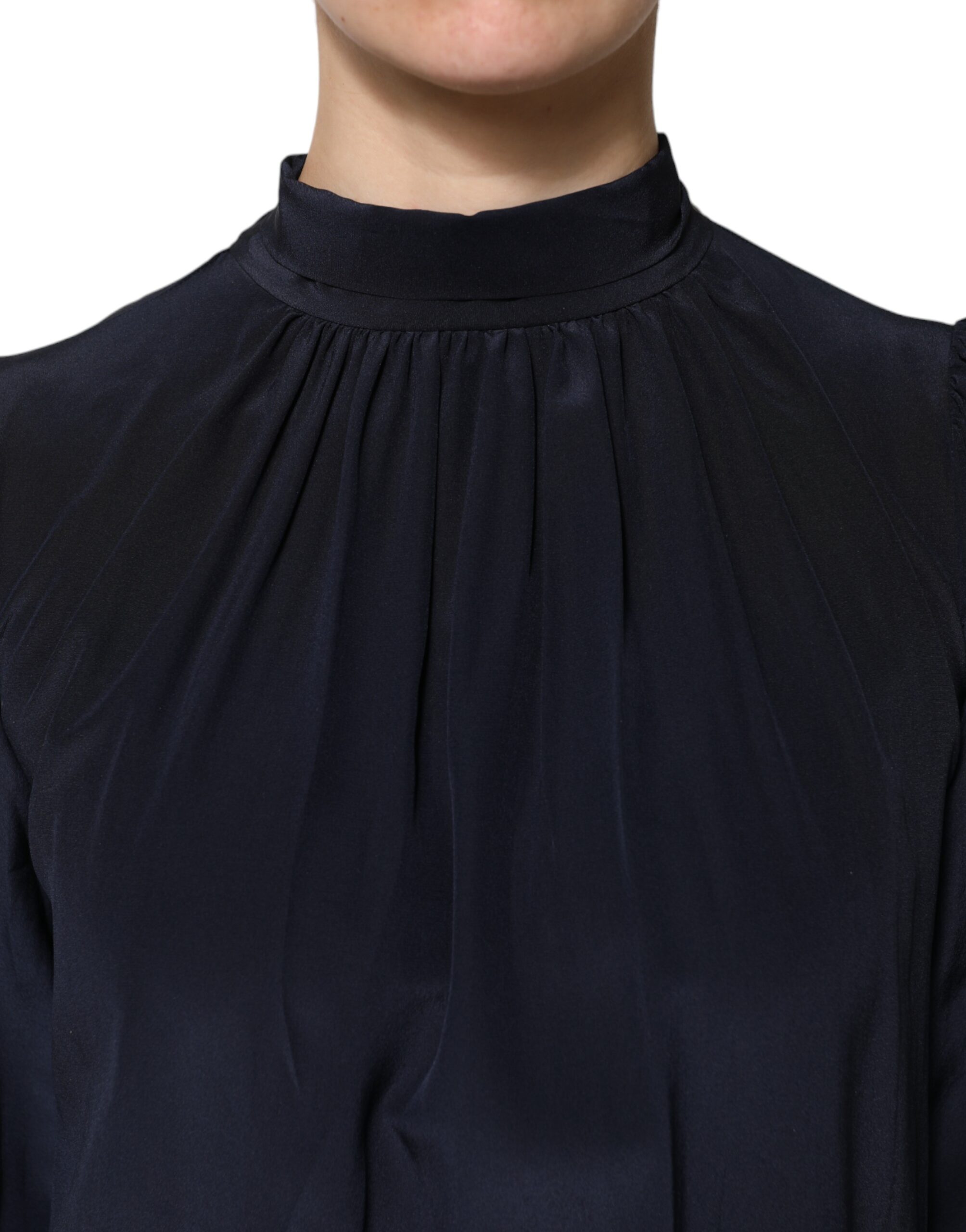 Синяя шелковая блузка с воротником-стойкой и длинными рукавами Dolce & Gabbana, Blue — фото 4