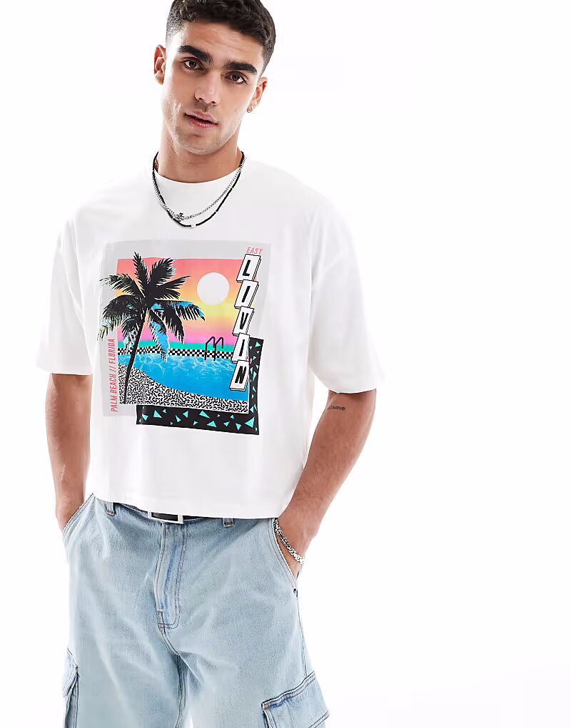 

Укороченная футболка ASOS DESIGN свободного кроя с летней графикой белого цвета