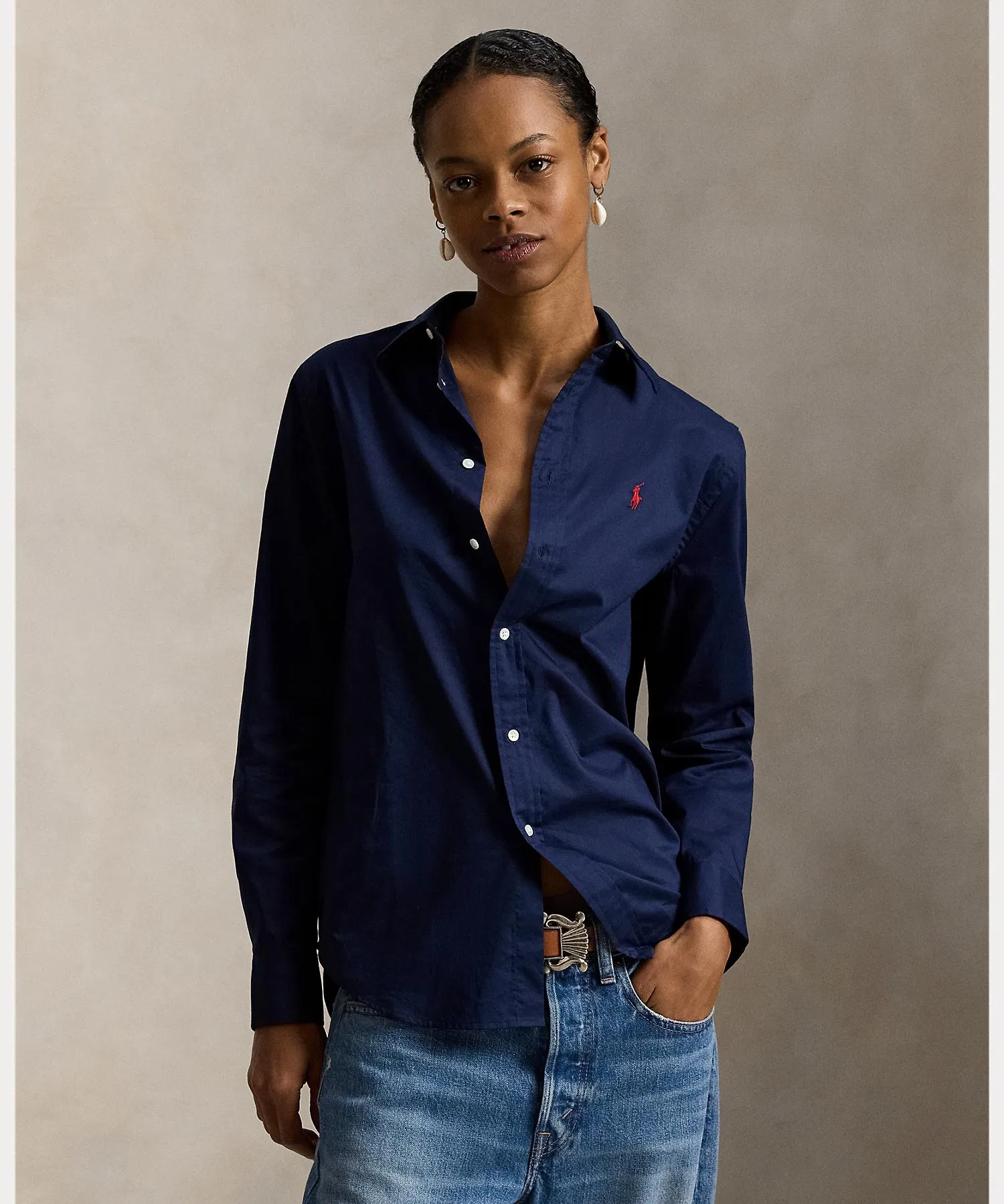 Женская хлопковая рубашка POLO RALPH LAUREN тёмно-синяя