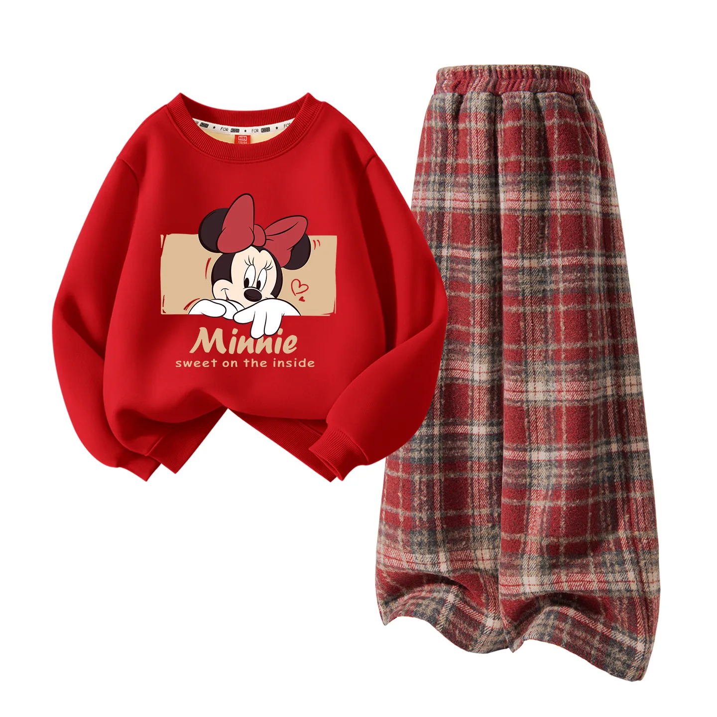 Детский спортивный комплект Casual Sportswear из 2 предметов Disney, [Thickened and Fleece-Lined]Di-Duo Burgundy+Solid Color Red Plaid — фото 3