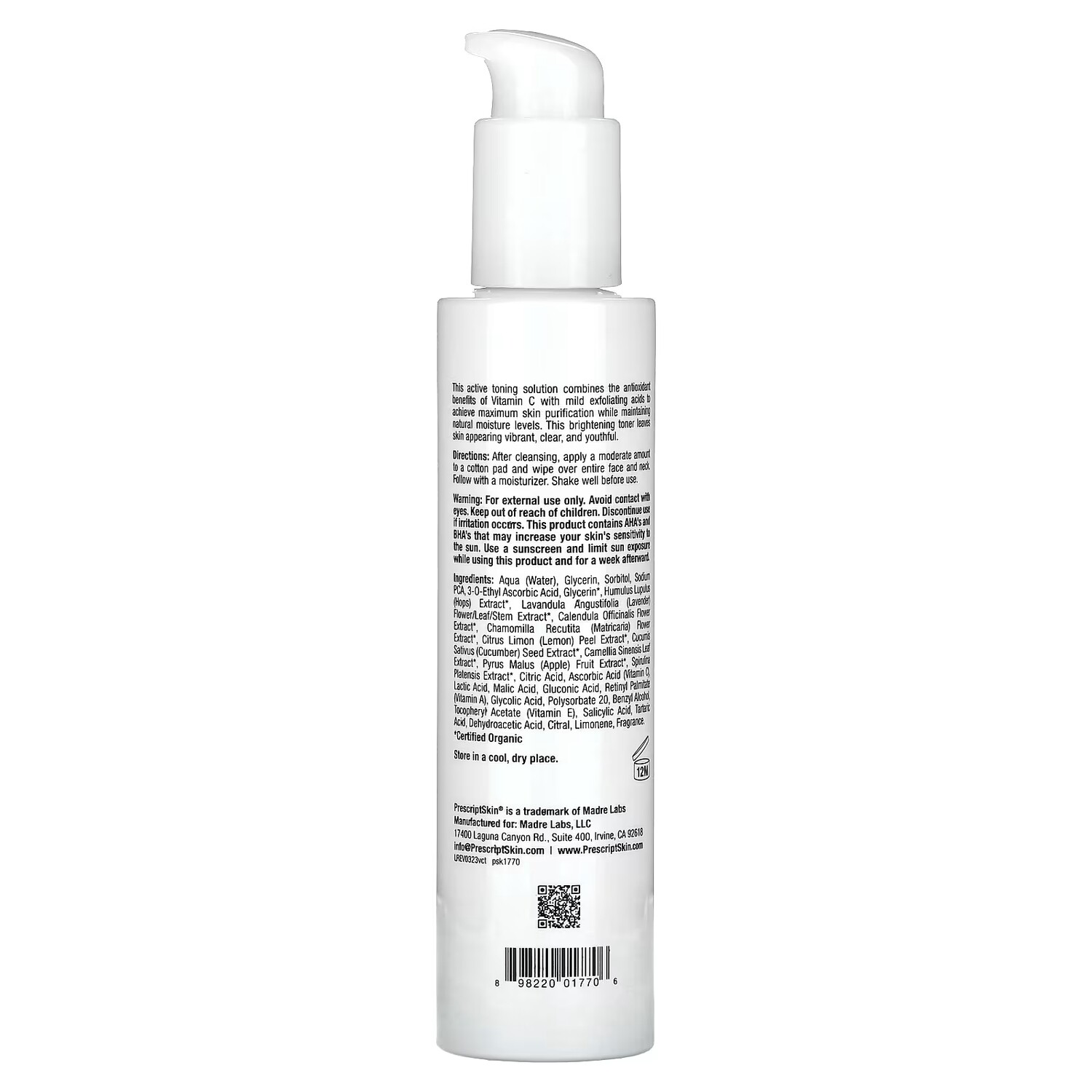 Усиленный осветляющий тоник с витамином C Toner, 6 жидких унций (177 мл) PrescriptSkin — фото 2