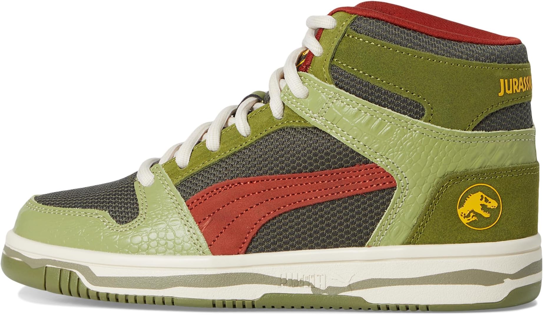 Кроссовки PUMA Kids Rebound Layup Mid Jurassic World Shoes, цвет Green Moss/Mars Red/Yellow Sizzle — фото 4