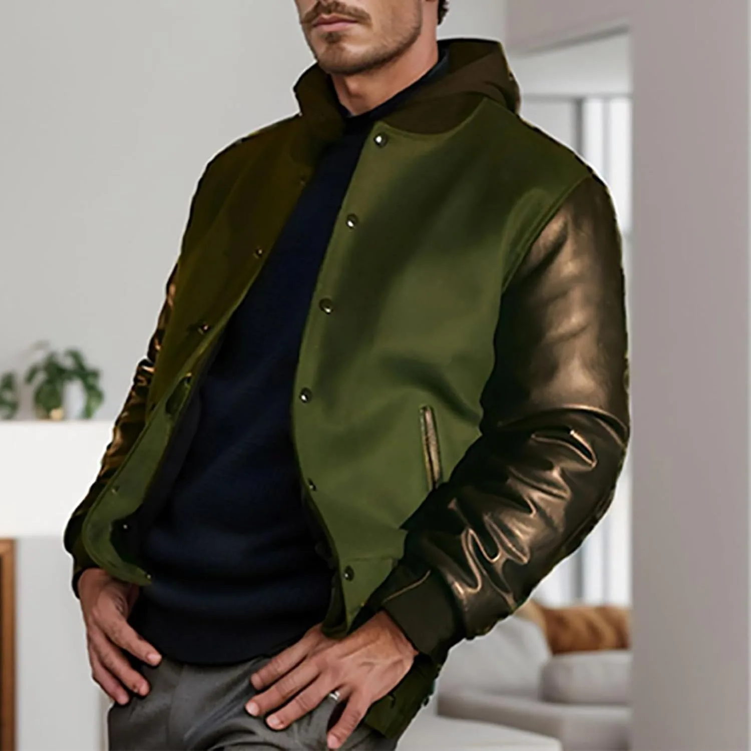 Куртка-ветровка Casual для мужчин Color Block, легкая, с карманом, на молнии, для осени и весны, для активного отдыха Generic, зеленый — фото 2