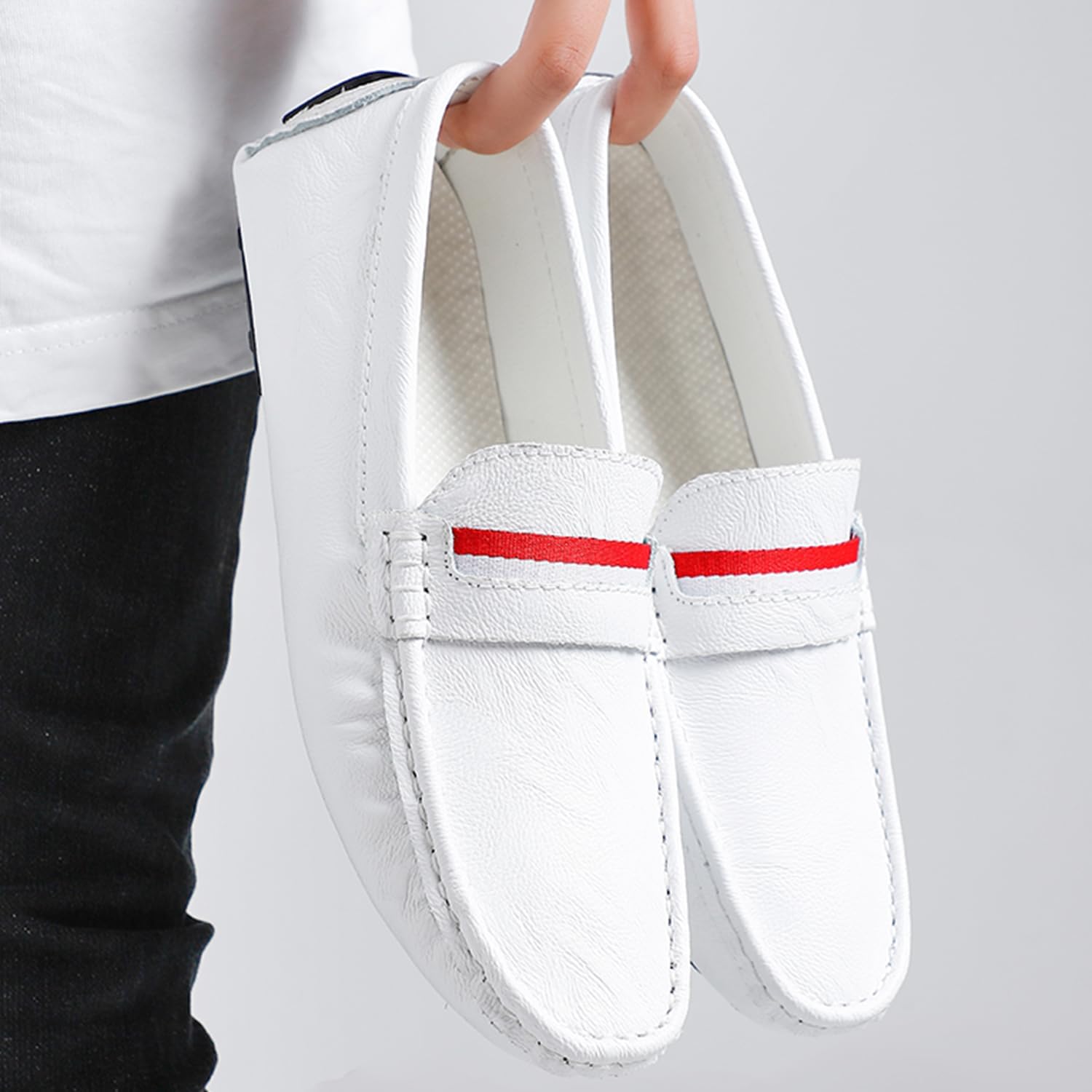 Мужские мокасины Dacnakby Penny Loafers, лоферы, слипоны с красно-белой полоской, повседневная обувь на плоской подошве, лодочные туфли — фото 4
