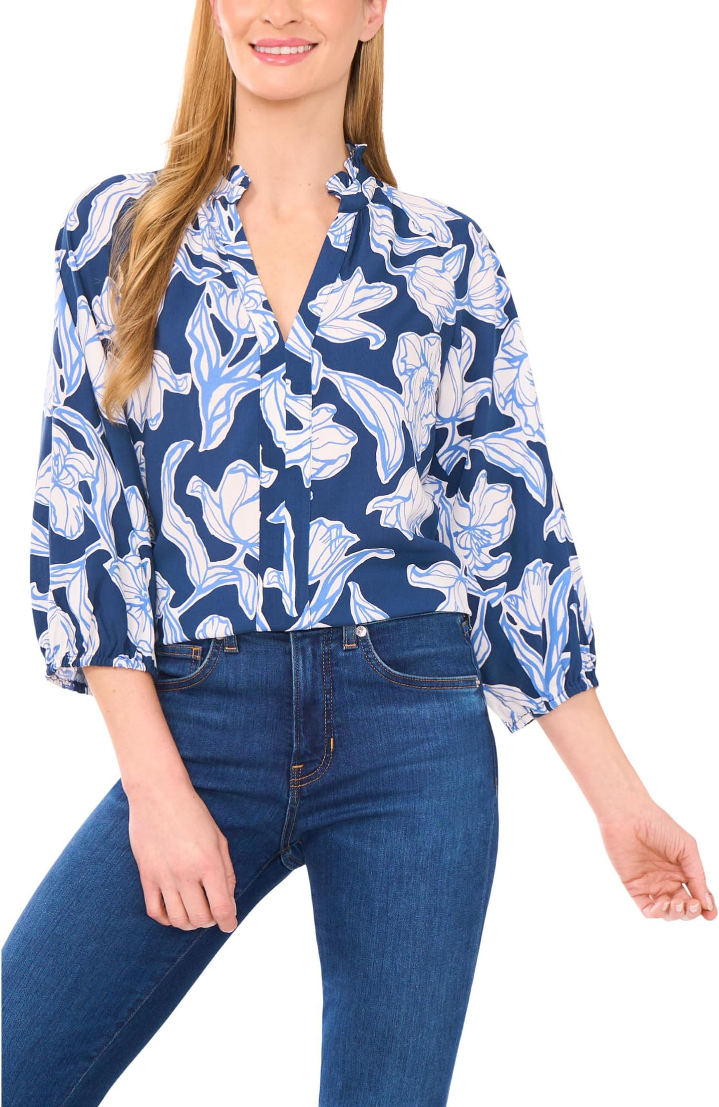 

Блуза CeCe Ruffle Neck Raglan Seam Split Neck Blouse, Denim/White