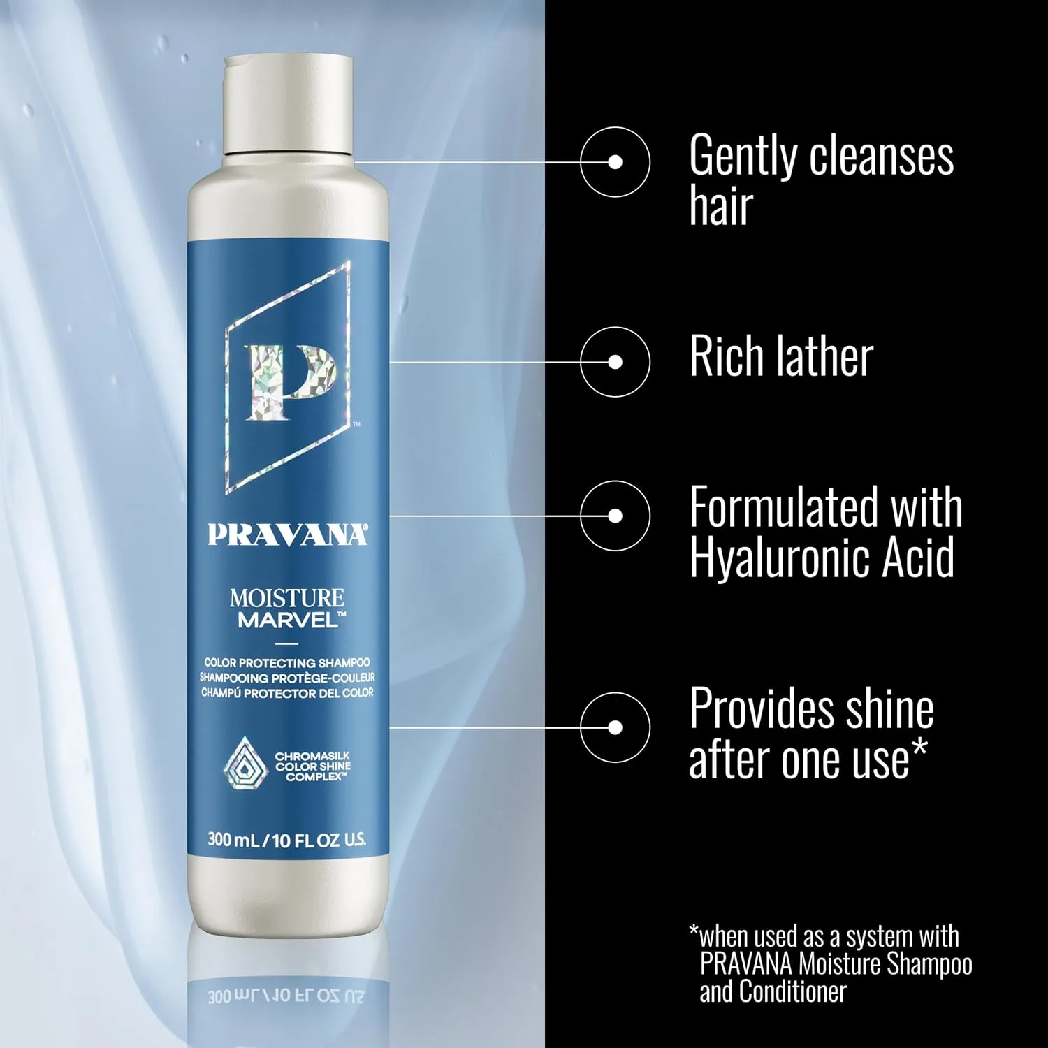 Шампунь Pravana Moisture Marvel для сухих окрашенных волос с гиалуроновой кислотой и Chromasilk, веганский, без парабенов — фото 2