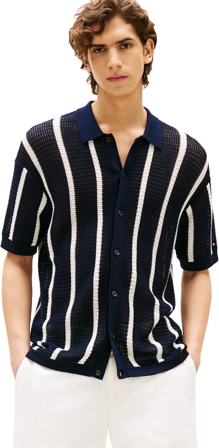 

Мужская структурированная трикотажная рубашка Tommy Hilfiger с коротким рукавом, стандартного кроя, Ivory Petal / Desert Sky