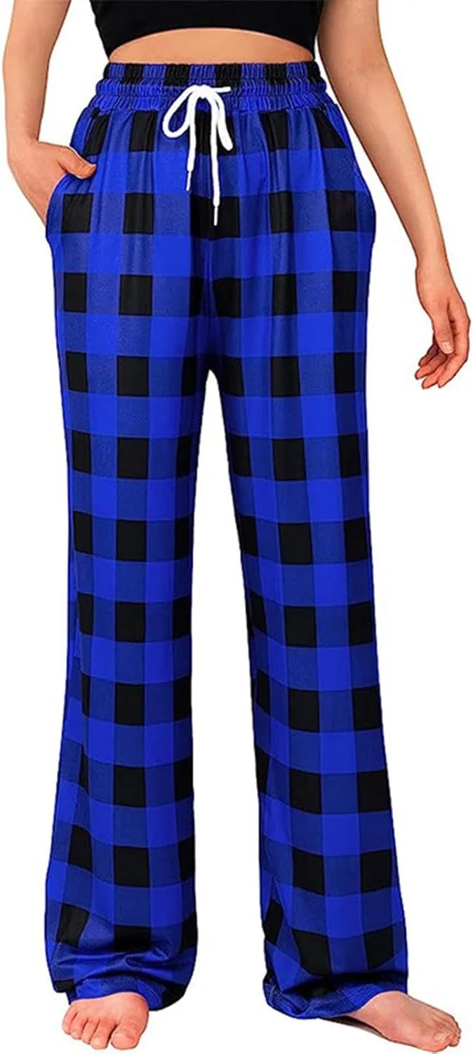 Женские пижамные брюки Buffalo Plaid, высокой талии, широкие, свободные, синие
