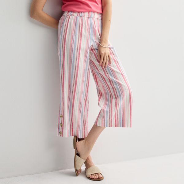

Укороченные льняные брюки с застежкой на пуговицы Croft & Barrow, цвет pink varied stripe