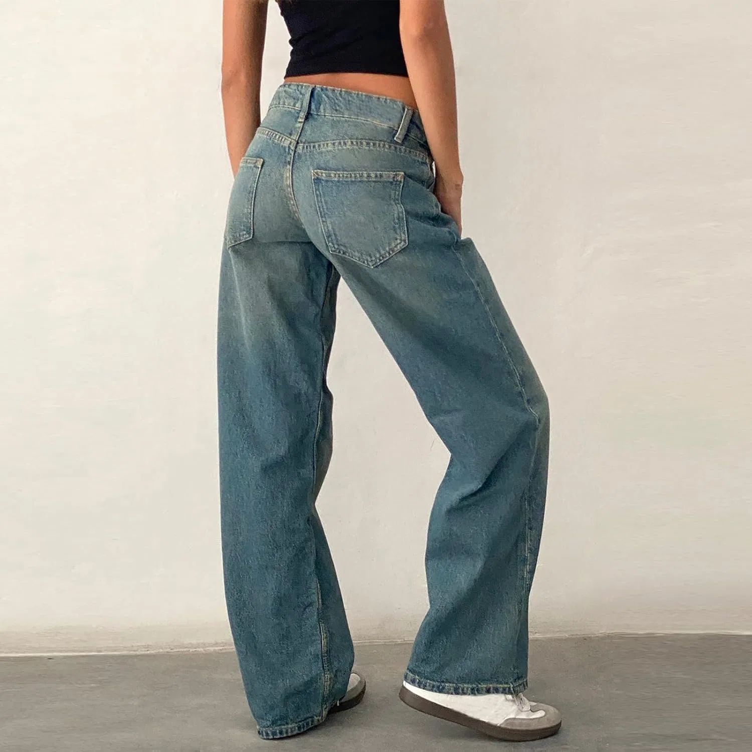 Джинсы прямые свободные, High Waisted, с карманами, синие — фото 4