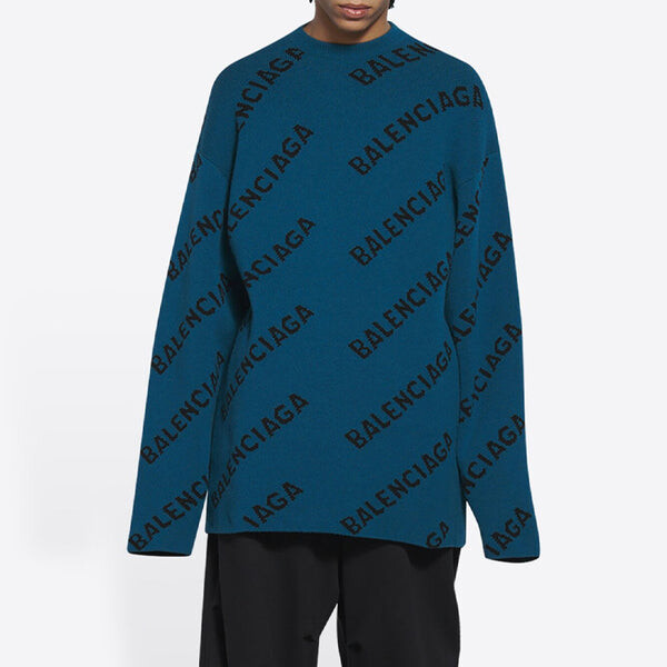 Свитер all over logo crewneck wool knit sweater 'petrol blue' Balenciaga, синий — фото 4