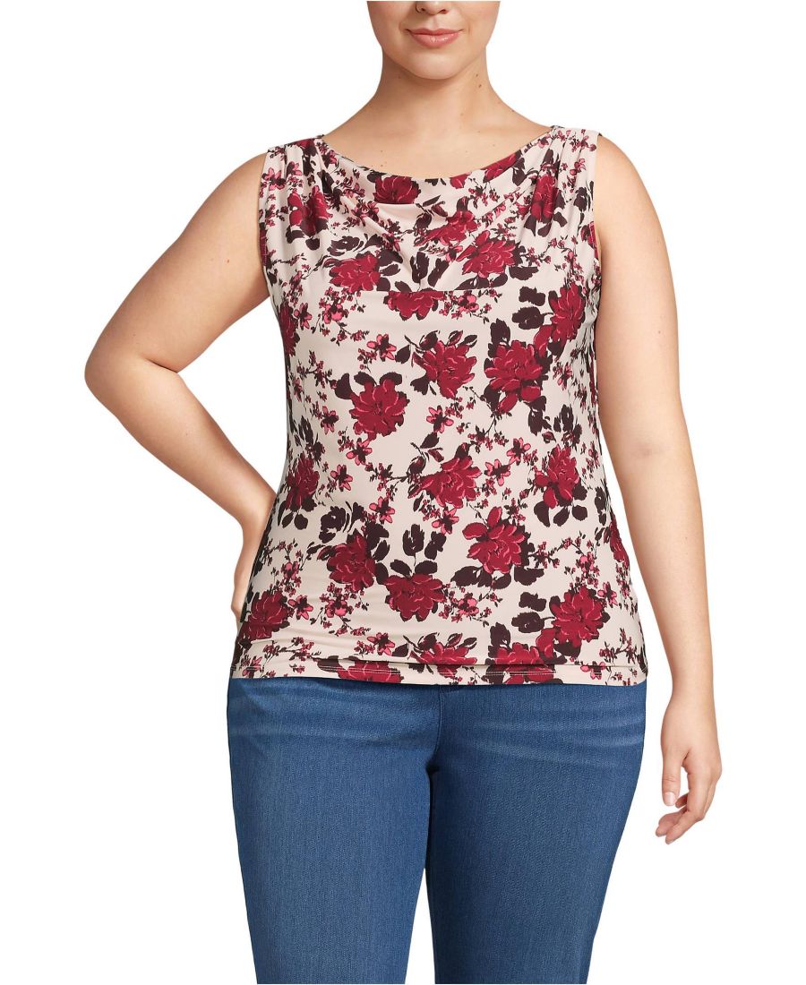 

Женский топ больших размеров без рукавов из шелковистого трикотажа с драпировкой спереди Lands' End, Soft blush painted floral