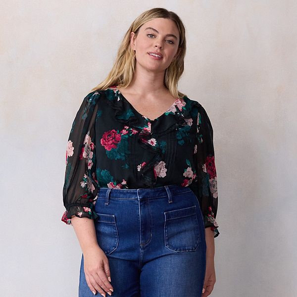 

Блузка с рукавом 3/4 и рюшами спереди, plus size Lc Lauren Conrad, Lt Black Camilla