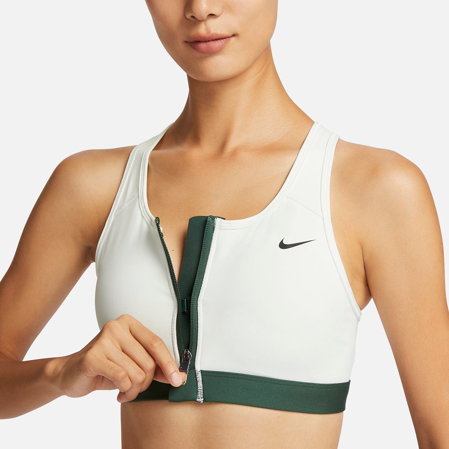 Бюстгальтер (WMNS) Nike Swoosh Medium-Support Padded Zip-Front Sports Bra 'White Green' — фото 3