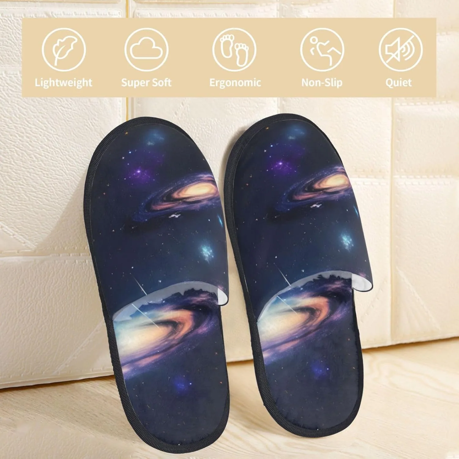 Мягкие домашние тапочки Galaxy in the Universe. Теплые тапочки для гостей, комфортная зимняя одежда Kurue, черный — фото 4