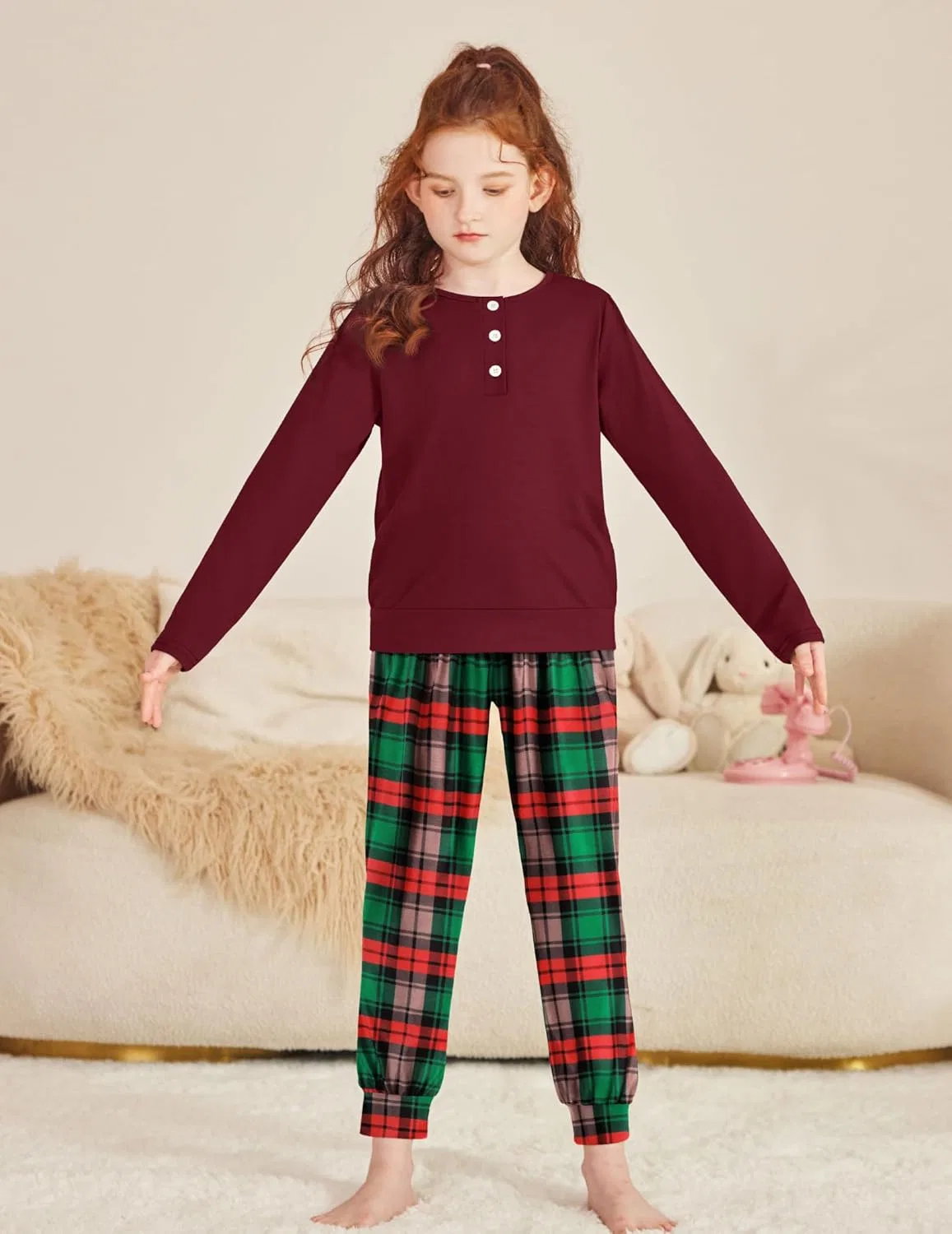 Детский спортивный костюм из топа и штанов с карманами Arshiner, Red & Green Plaid — фото 3