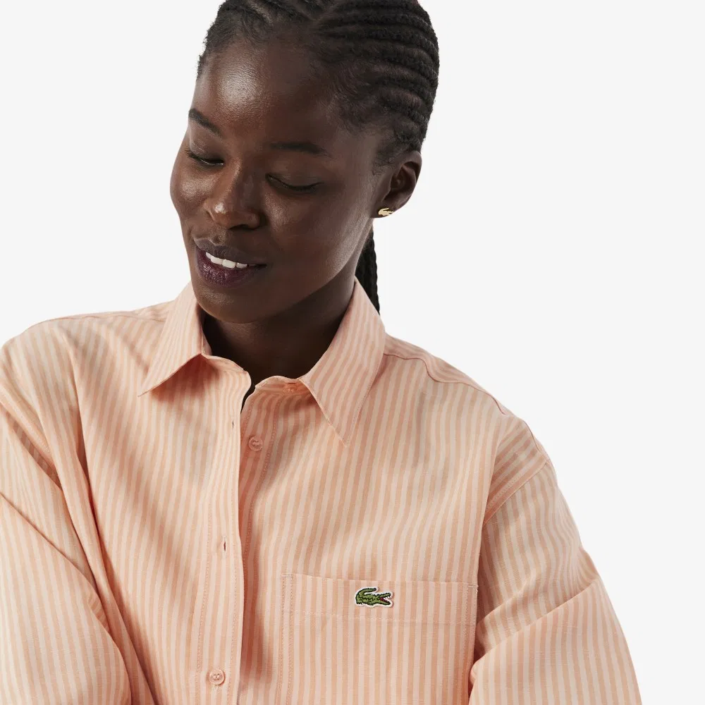 Рубашка Lacoste полосатая розовая из смесового льна — фото 2