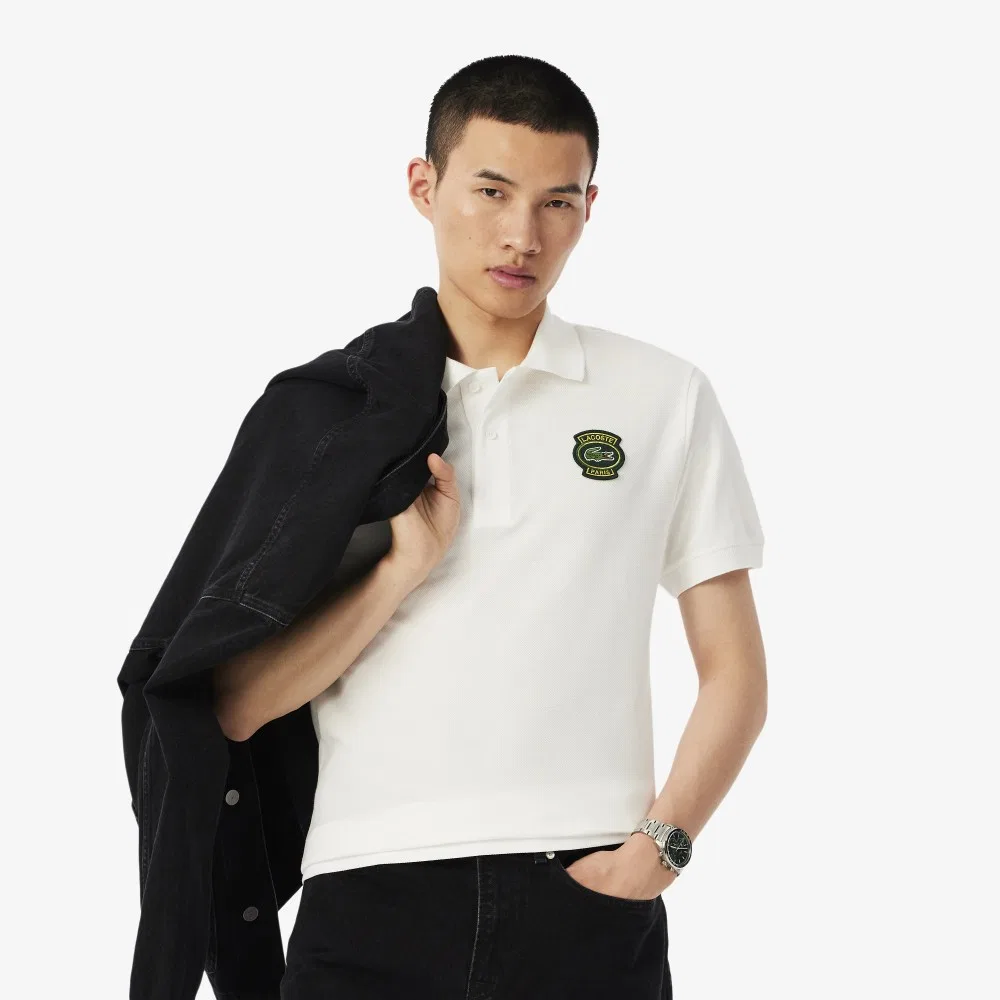 Мужская рубашка поло Lacoste с короткими рукавами и нашивкой, цвета "офф-вайт"