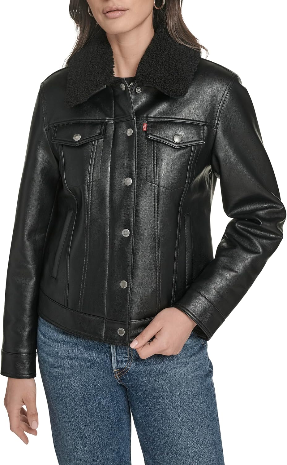 

Женская классическая куртка Levi's Trucker с подкладкой из шерпы (стандартные и большие размеры), Black Faux Leather