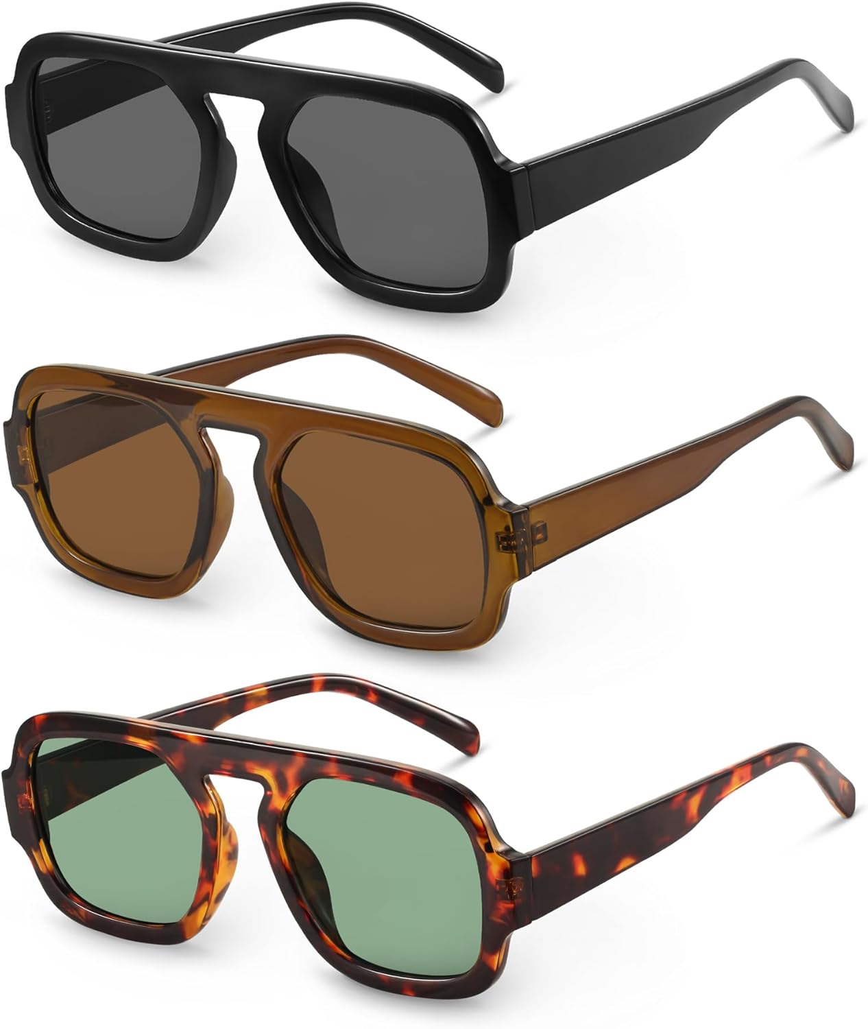 

Солнцезащитные очки-авиаторы YDAOWKN в стиле ретро, ​​квадратные, для женщин и мужчин, модные, с плоской верхней частью, защита от УФ-излучения, винтажные, (3 Pack) Black/Grey+brown/Brown+tortoise/Green