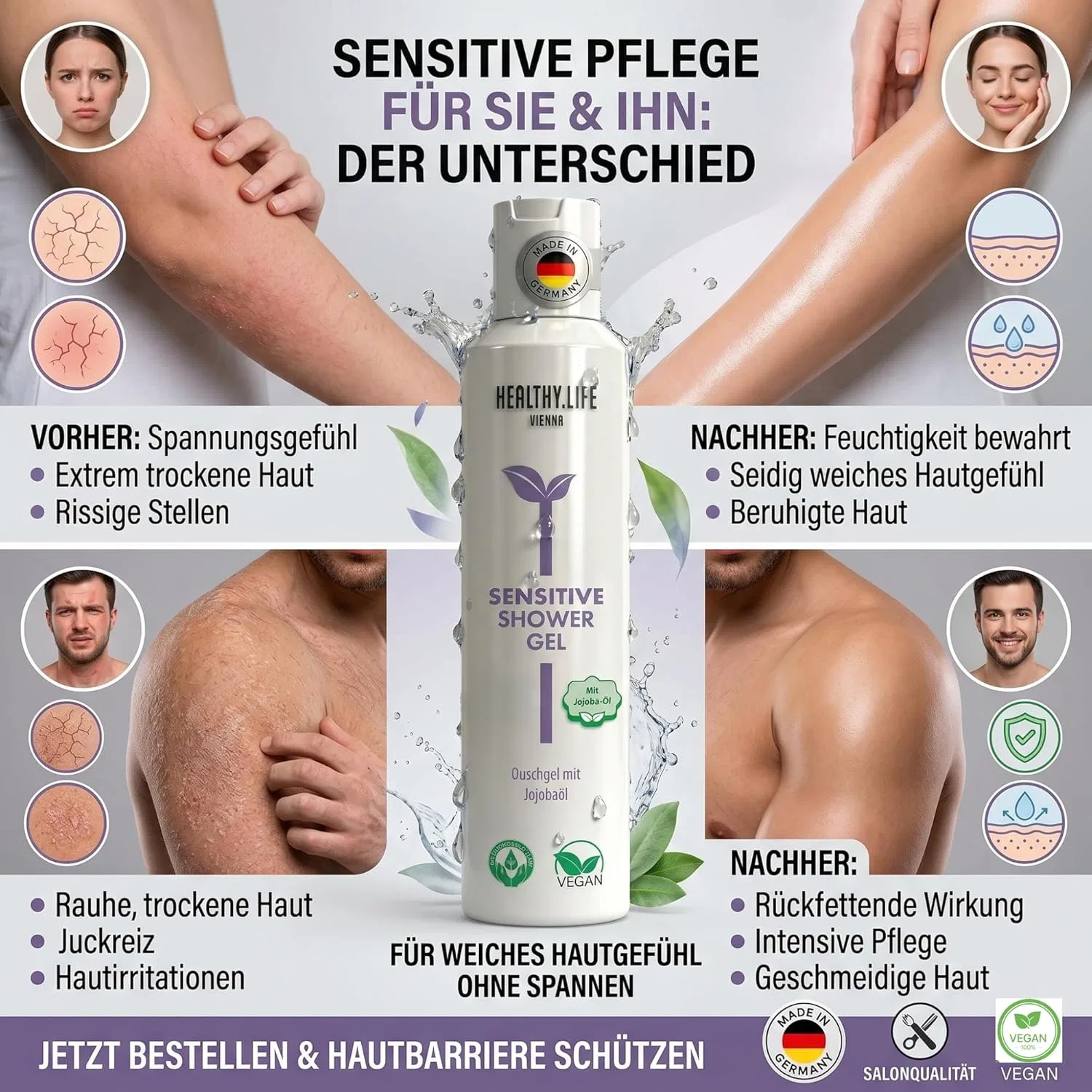 Мягкий веганский гель для душа HLV Sensitive с маслом жожоба, 200 мл Healthy.Life Vienna — фото 2
