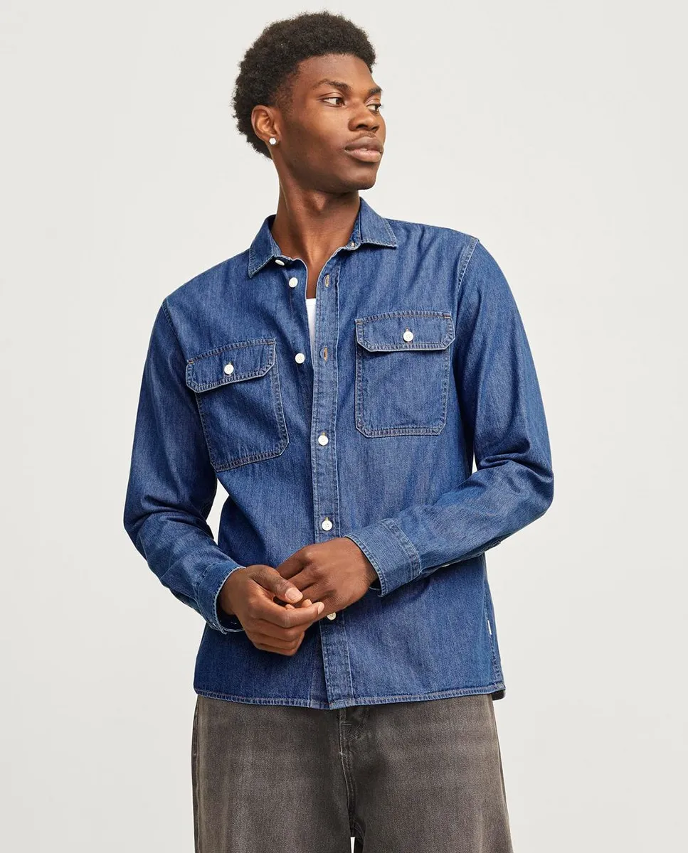 

Рубашка с фактурным хлопком и застежкой на пуговицы Jack & Jones, синий