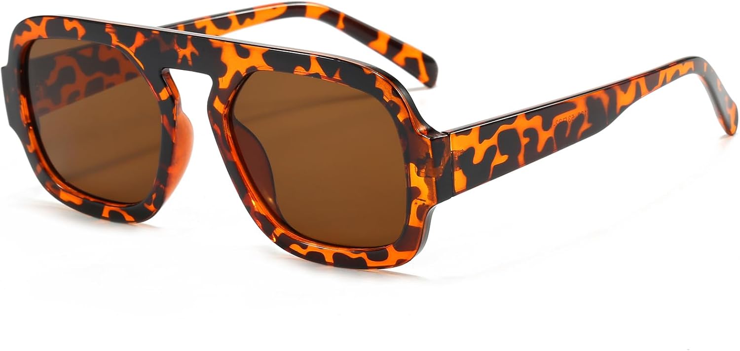 

Солнцезащитные очки Long Keeper Retro Square Pilot для женщин и мужчин, авиационные квадратные солнцезащитные очки с плоской верхней частью, прямоугольные, винтажные, в стиле 70-х, Leopard Frame - Brown Lens