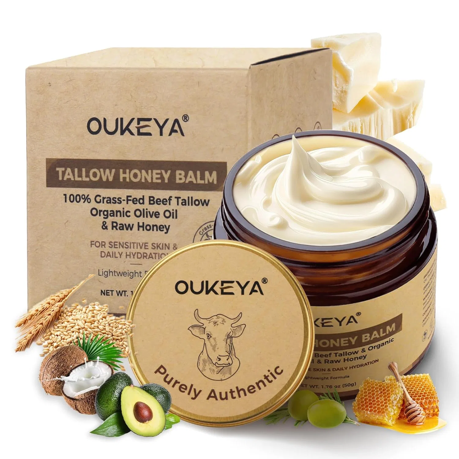 Крем для лица Oukeya — И тела с говяжьим жиром и медом, , Beef Tallow Cream, Refreshing, 50 г