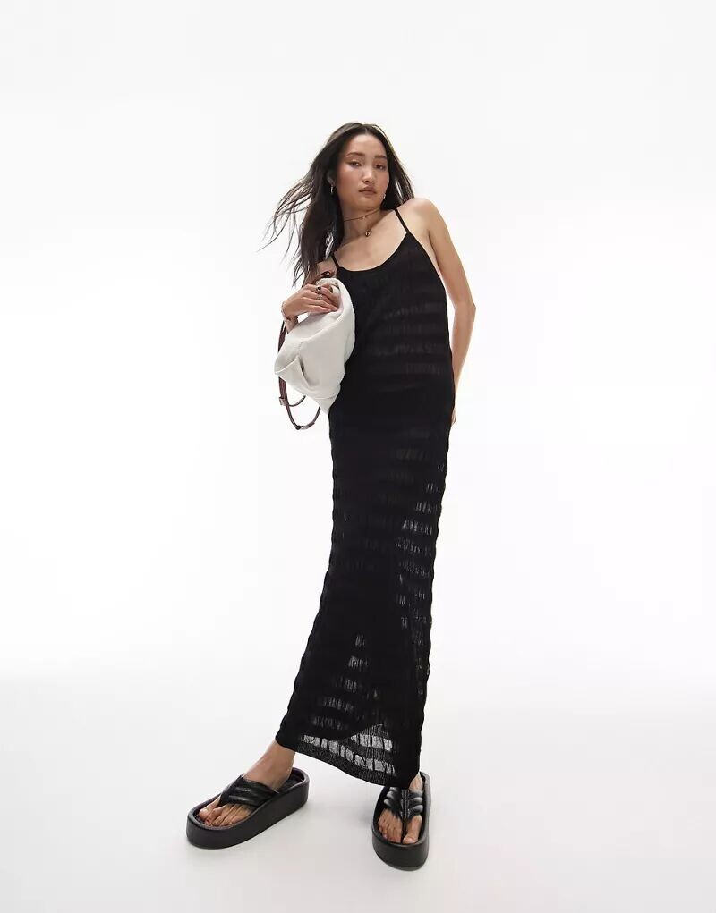 

Черное трикотажное платье миди в прозрачную полоску Topshop, Черный, Черное трикотажное платье миди в прозрачную полоску Topshop
