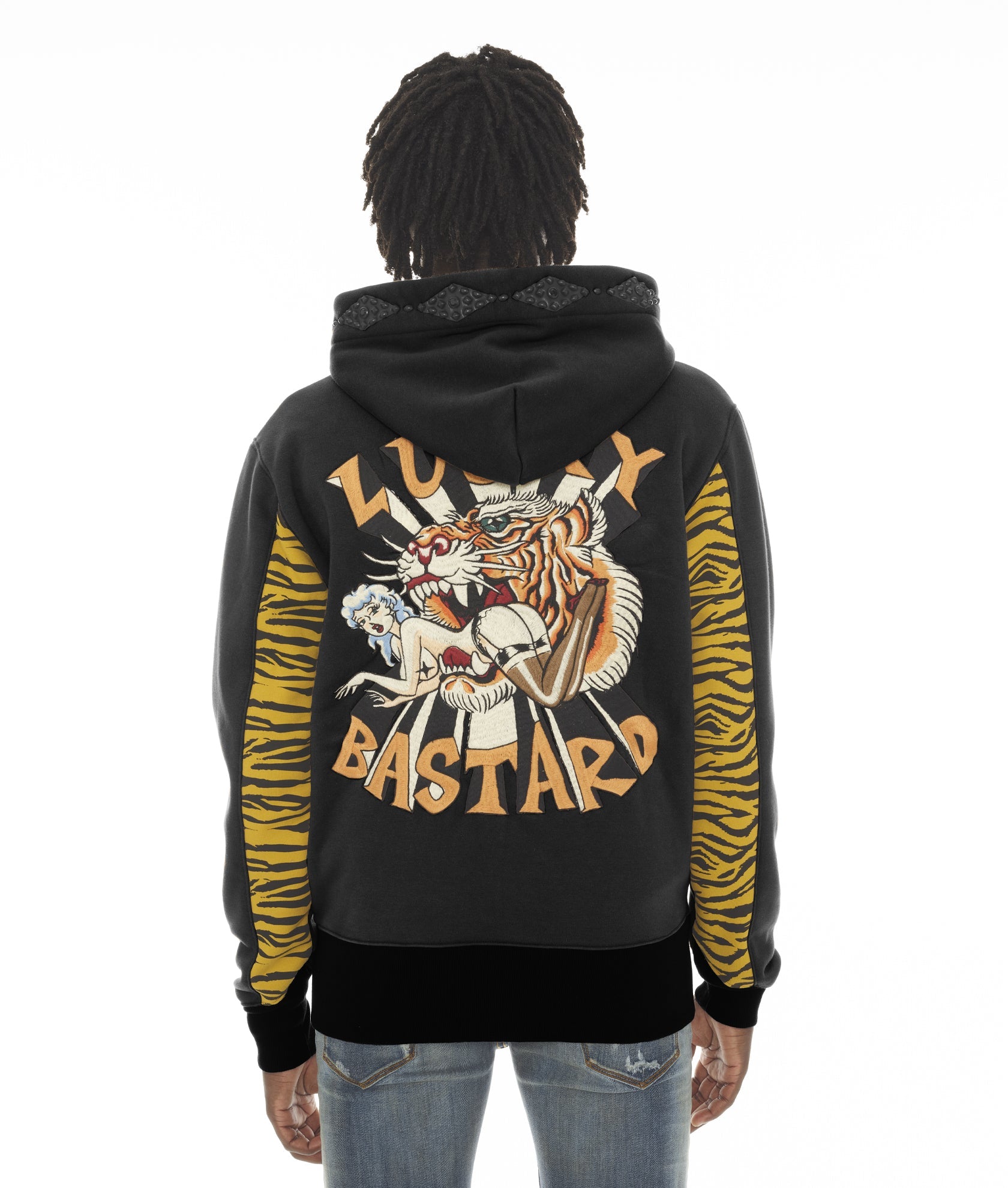 

Толстовка с капюшоном на молнии TIGER LUCKY BASTARD черного цвета Cult of Individuality