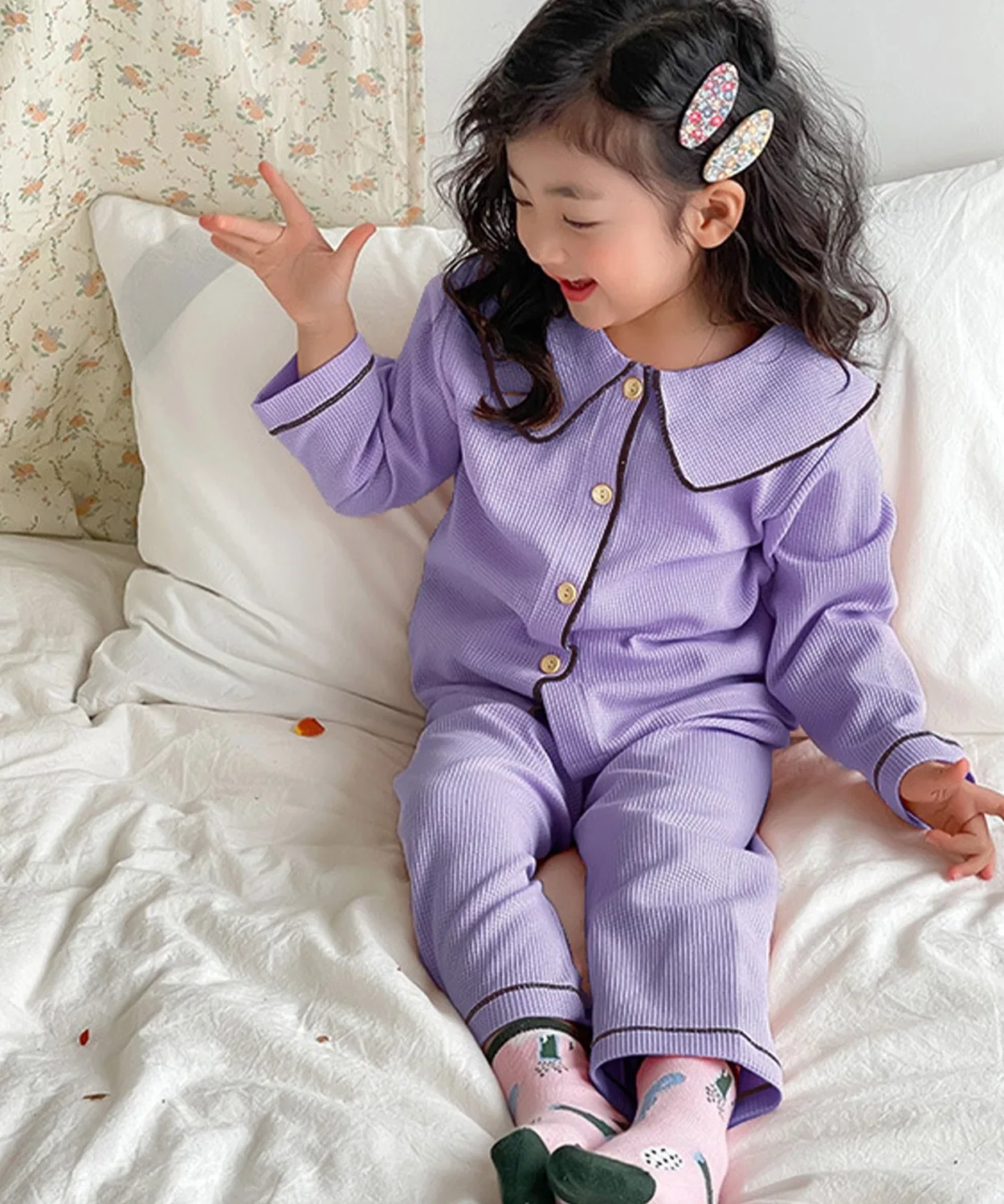 Детская пижама с круглым воротником и кантом, Kids Pajamas, 2 предмета, фиолетовый