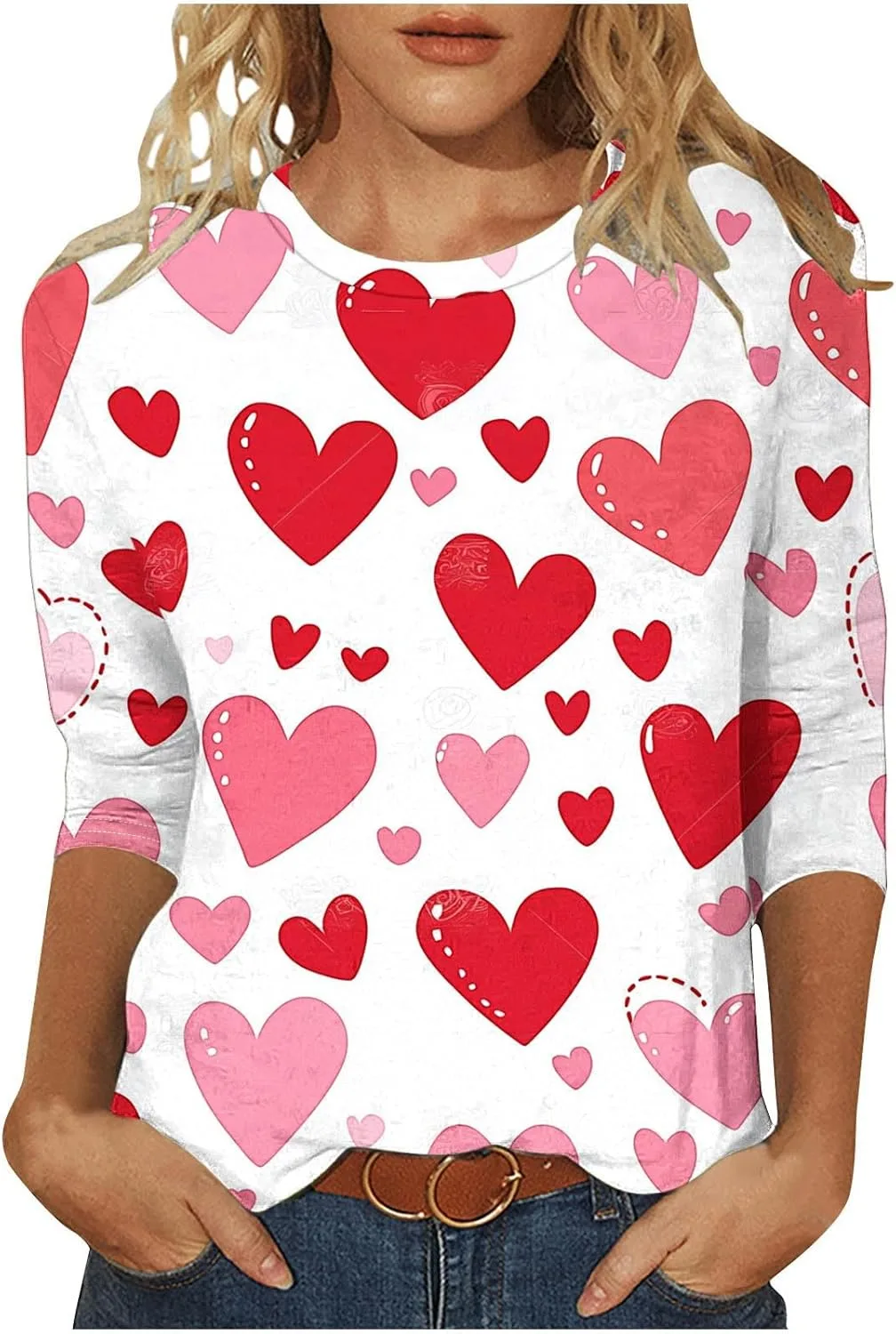 Футболка с 3/4 рукавом для женщин, Valentine‘s Day Print, свободный крой