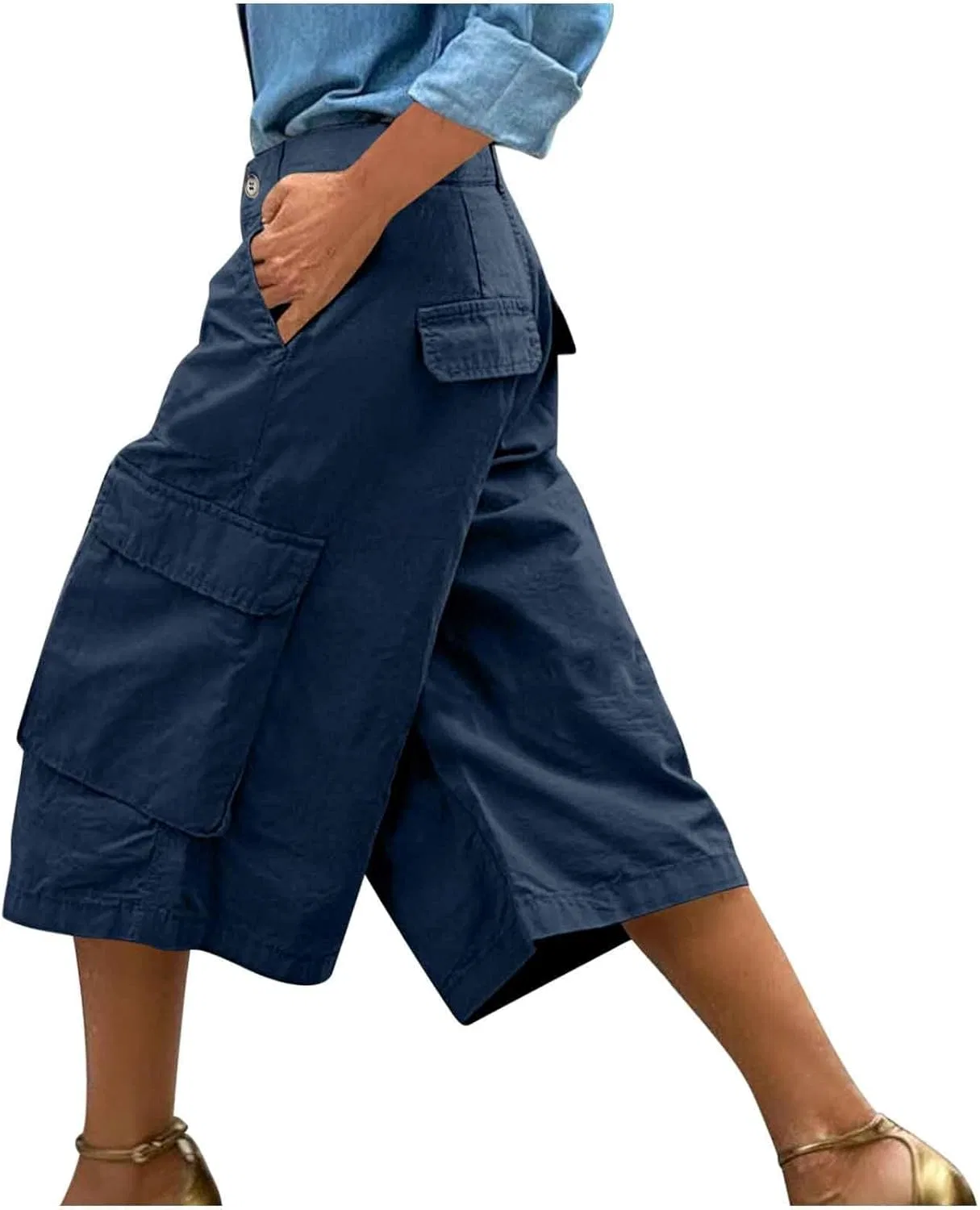 Капри для женщин Stretch Wide Leg H-Line Bermuda Cargo шорты High Waist легкие мешковатые повседневные брюки с карманами Generic, темно-синий