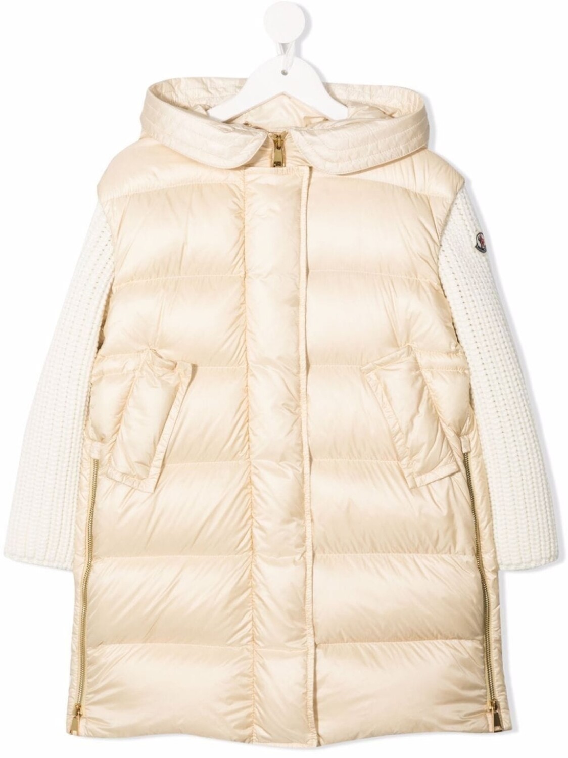 

Длинный пуховик с рукавами в рубчик Moncler Enfant, бежевый