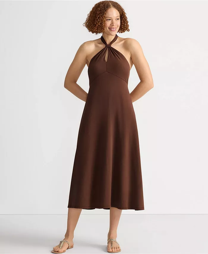 

Женское платье миди из хлопкового модала с бретелькой через шею Lands' End, коричневый