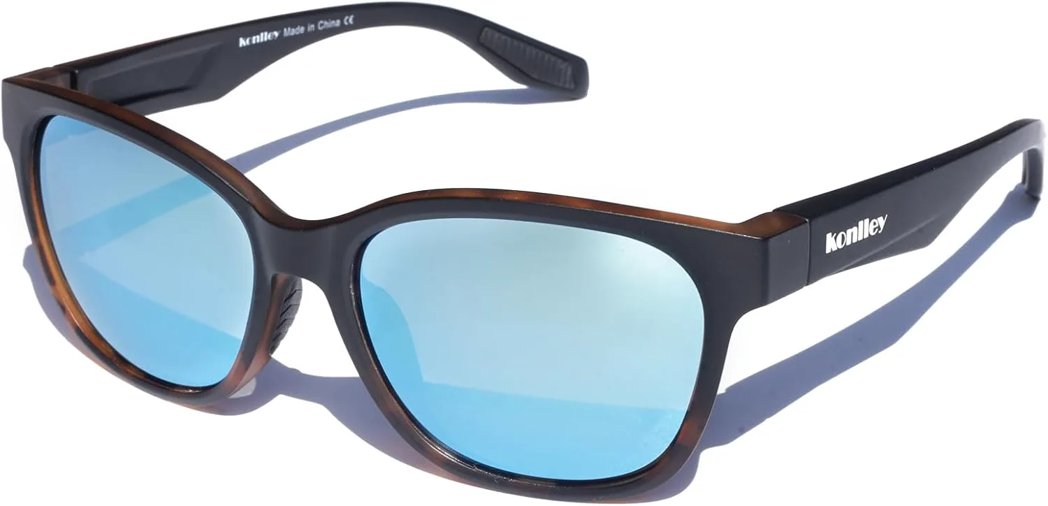 

Плавающие поляризованные солнцезащитные очки, очки для водных видов спорта для мужчин и женщин Konlley, Black Gradient Tortoise Frame/Ice Blue Mirrored Lens