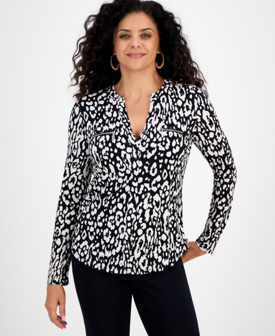 

Женская блузка с принтом, застежкой-молнией и карманами JM Collection, Deep Black Combo