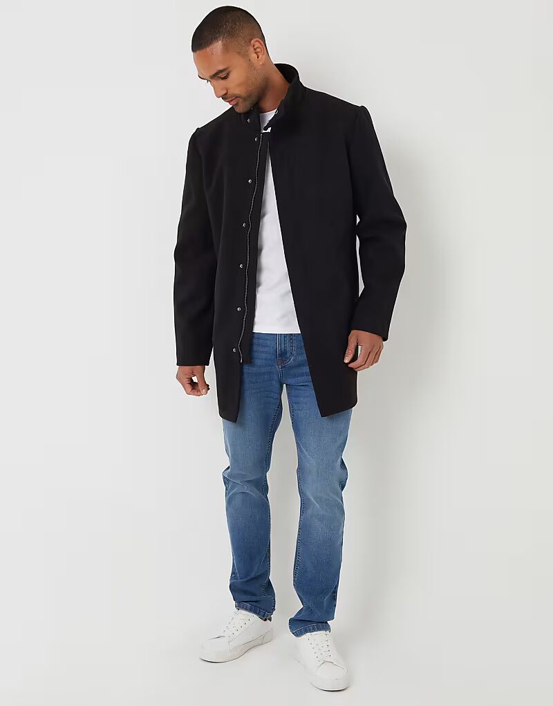 

Пальто Longline из искусственной шерсти с воротником-стойкой черного цвета Threadbare