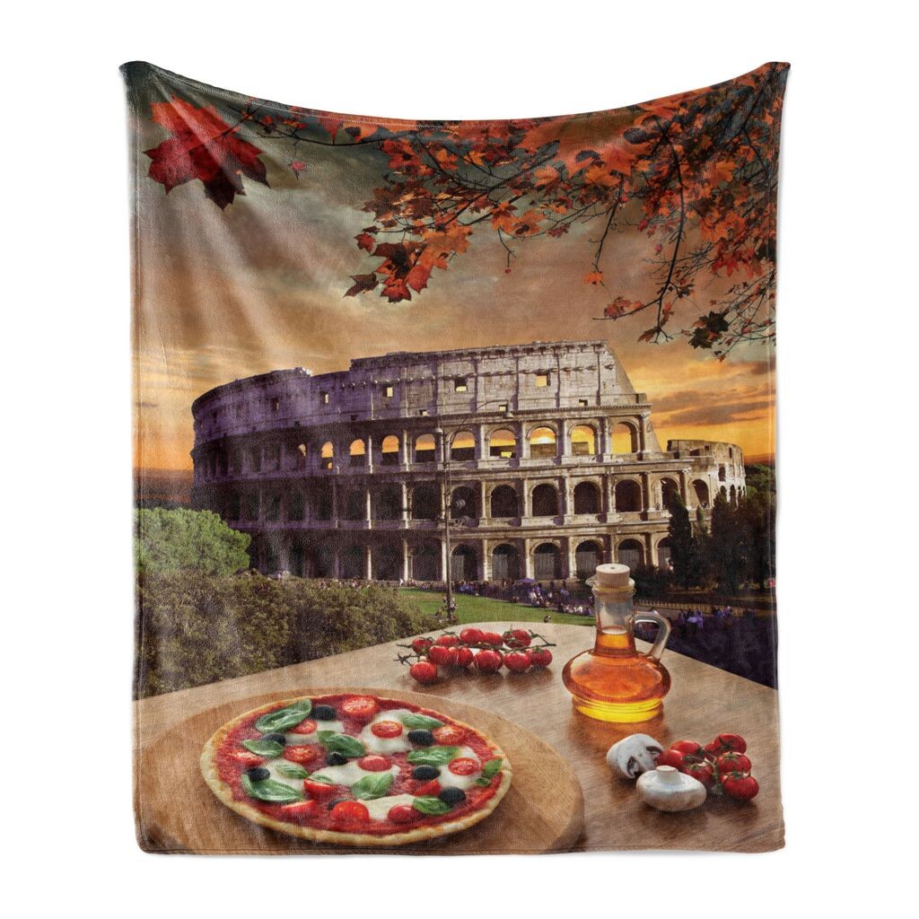 

ABAKUHAUS Rome Мягкое фланелевое флисовое одеяло, Colosseum Italy Pizza Autumn, уютный плюш для использования в помещении и на улице, 125 x 175 см, красно-коричневый, красный