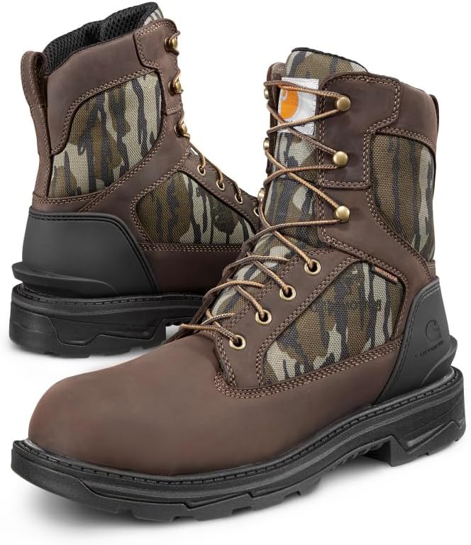 

Carhartt Ironwood водонепроницаемые рабочие ботинки для мужчин - 8-дюймовые, усиленная промасленная кожа с дышащей мембраной, EH и нескользящие подошвы, Dark Brown/Mossy Oak